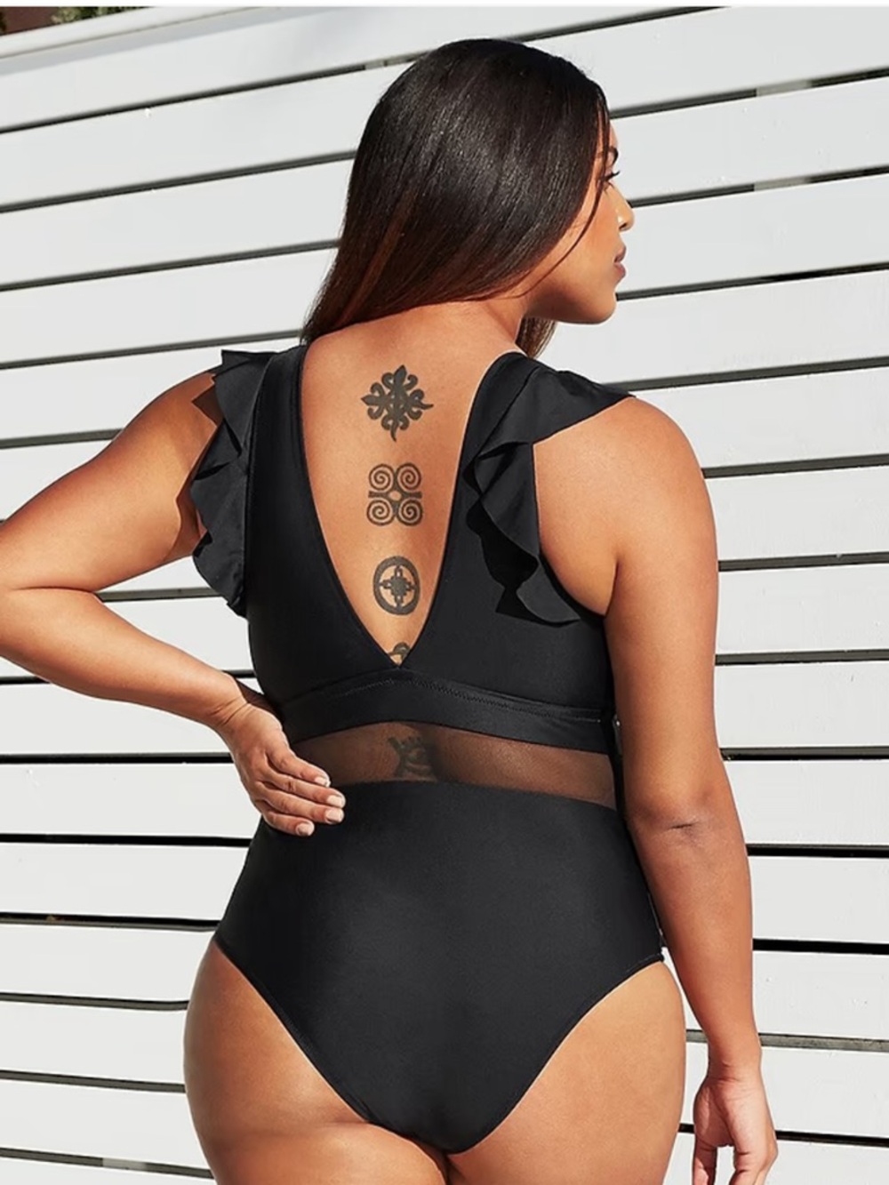 Black Ruffle Strap One-Piece Swimsuit - Picture 6 of 10
